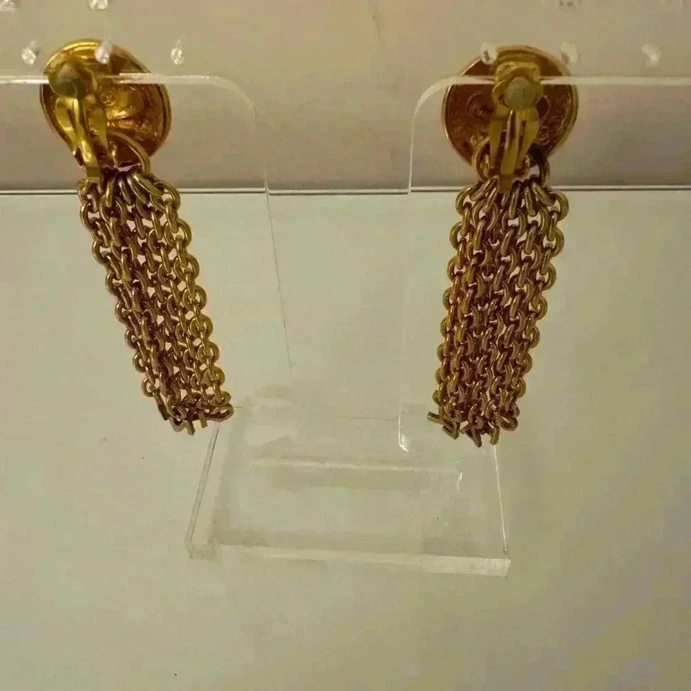 Chanel Vintage Gold Tone Chain Fringe Letter Logo Clip On Earrings 3 Inch